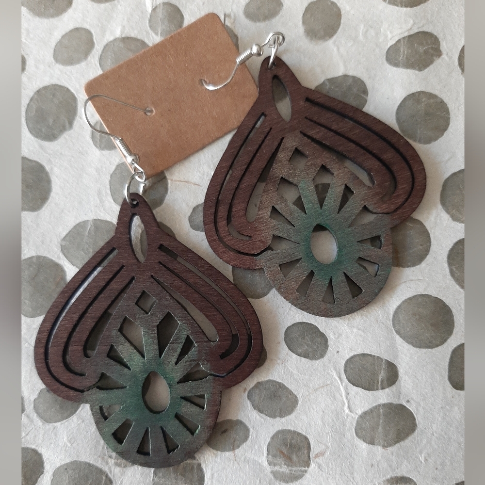 Bohemian Brown and Green Wooden Earrings